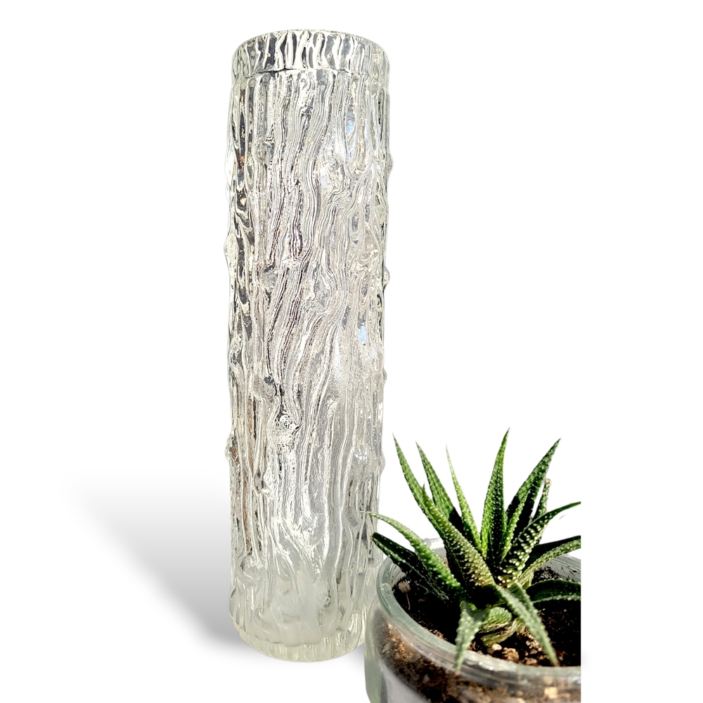 Mid Century Modern Bark Textured Clear Glass Vase 8” - Picture 5 of 5